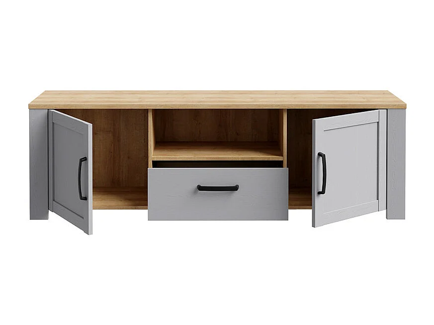 Meuble TV décor chêne et gris clair avec poignées noir - ANTIBES