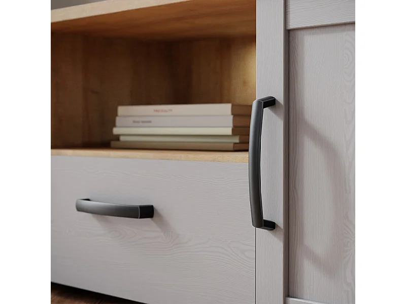 Meuble TV décor chêne et gris clair avec poignées noir - ANTIBES