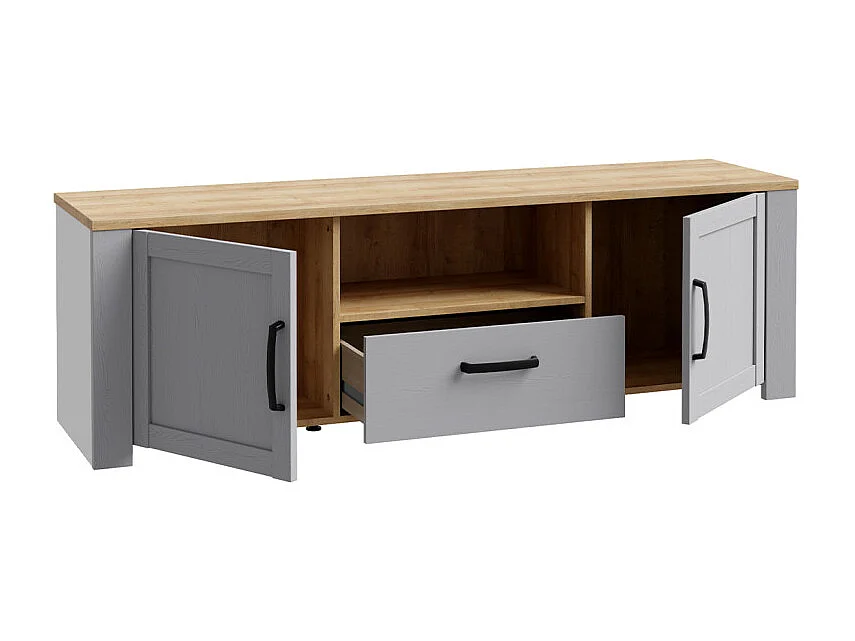 Meuble TV décor chêne et gris clair avec poignées noir - ANTIBES