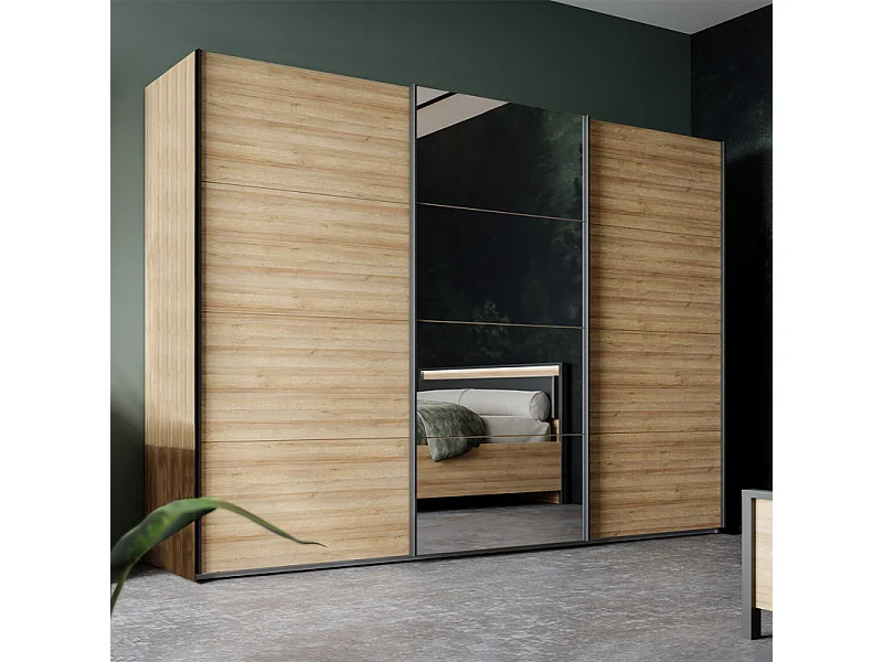 Armoire 270 cm 3 portes coulissantes miroir décor chêne et noir - MODE