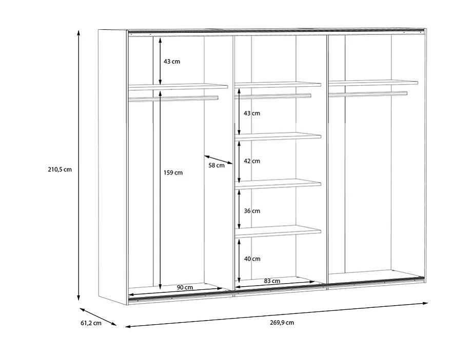 Armoire 270 cm 3 portes coulissantes miroir décor chêne et noir - MODE