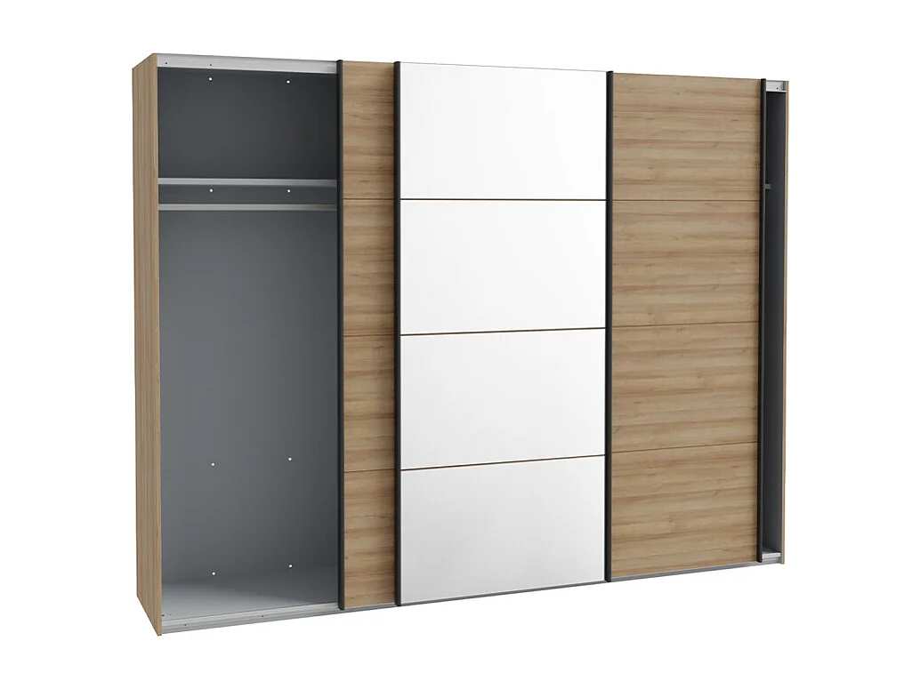 Armoire 270 cm 3 portes coulissantes miroir décor chêne et noir - MODE