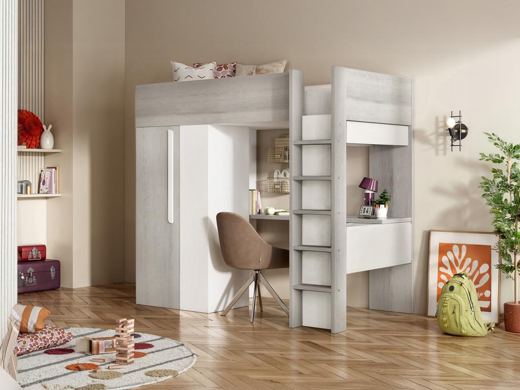 Hochbett mit Schreibtisch & Kleiderschrank - 90 x 200 cm - Holzfarben Grau günstig online kaufen
