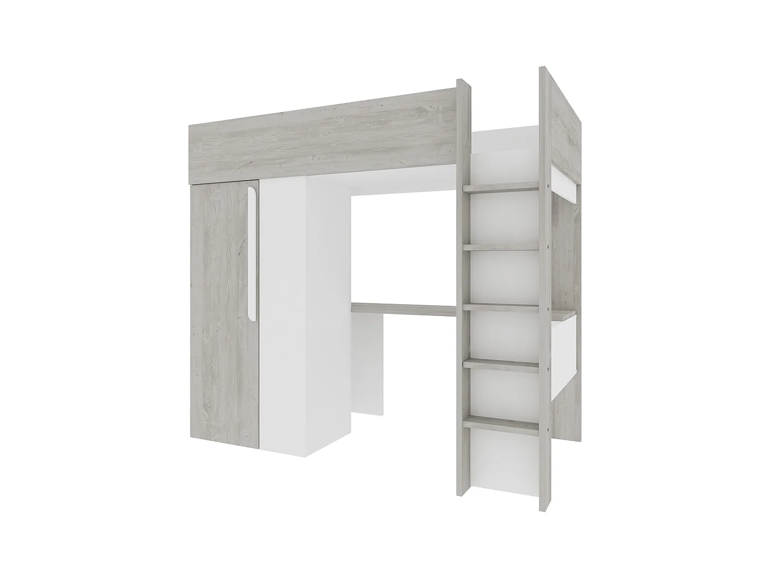 Hoogslaper – 90 x 200 cm – Met kast en bureau – Vergrijsde houtlook en wit – NICOLAS