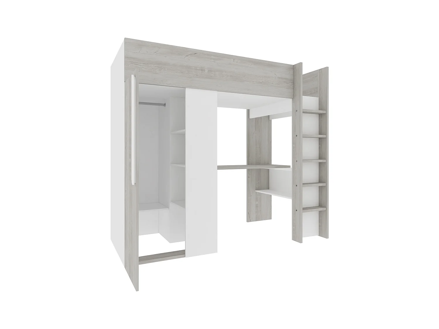 Hoogslaper – 90 x 200 cm – Met kast en bureau – Vergrijsde houtlook en wit – NICOLAS