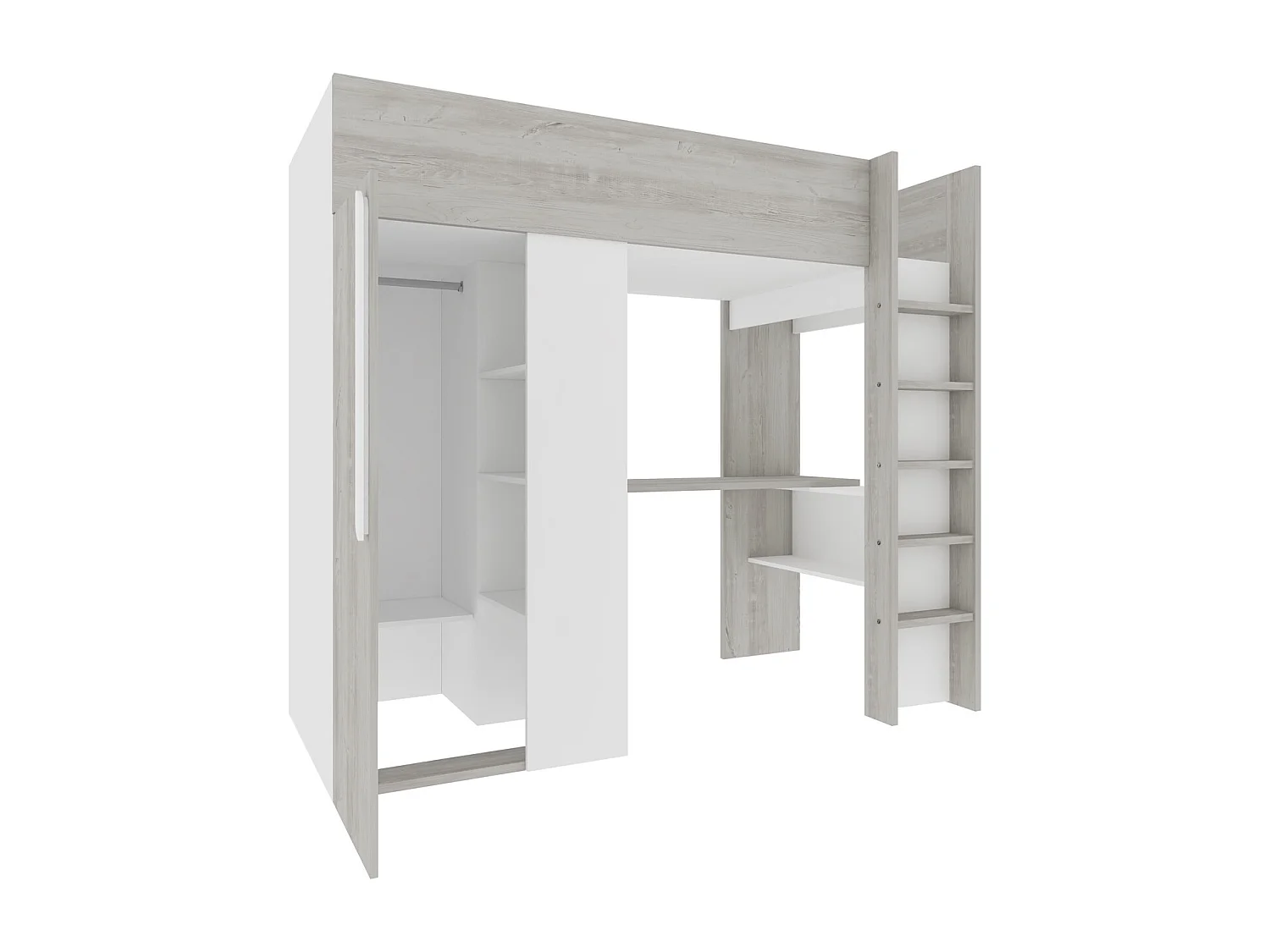 Lit mezzanine 90 x 200 cm avec armoire et bureau - Naturel grisé et blanc - NICOLAS