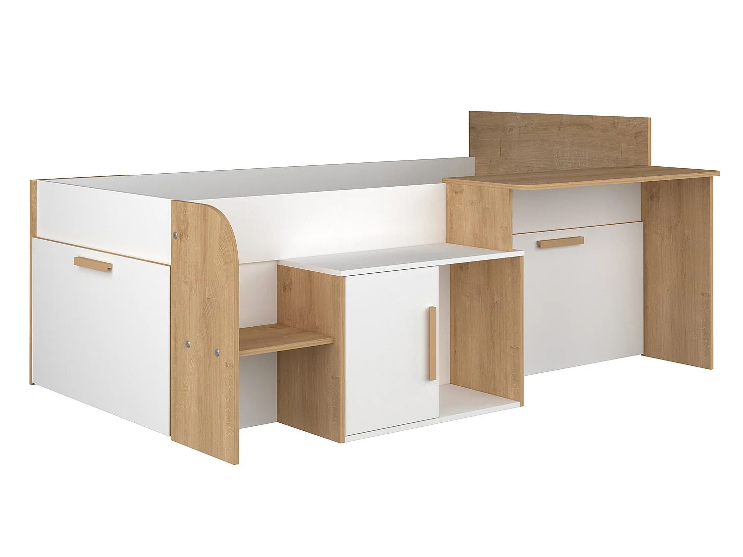 Lit combiné 90 x 200 cm avec bureau et rangements - Coloris : Blanc et naturel + Sommier + Matelas - PEDRO