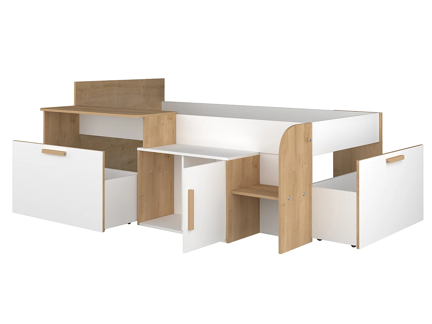 Lit combiné 90 x 200 cm avec bureau et rangements - Coloris : Blanc et naturel + Sommier + Matelas - PEDRO