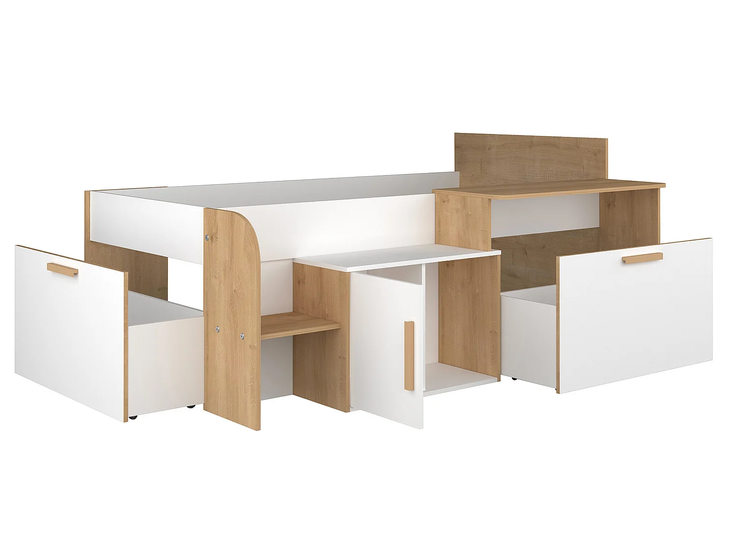 Lit combiné 90 x 200 cm avec bureau et rangements - Coloris : Blanc et naturel + Sommier + Matelas - PEDRO
