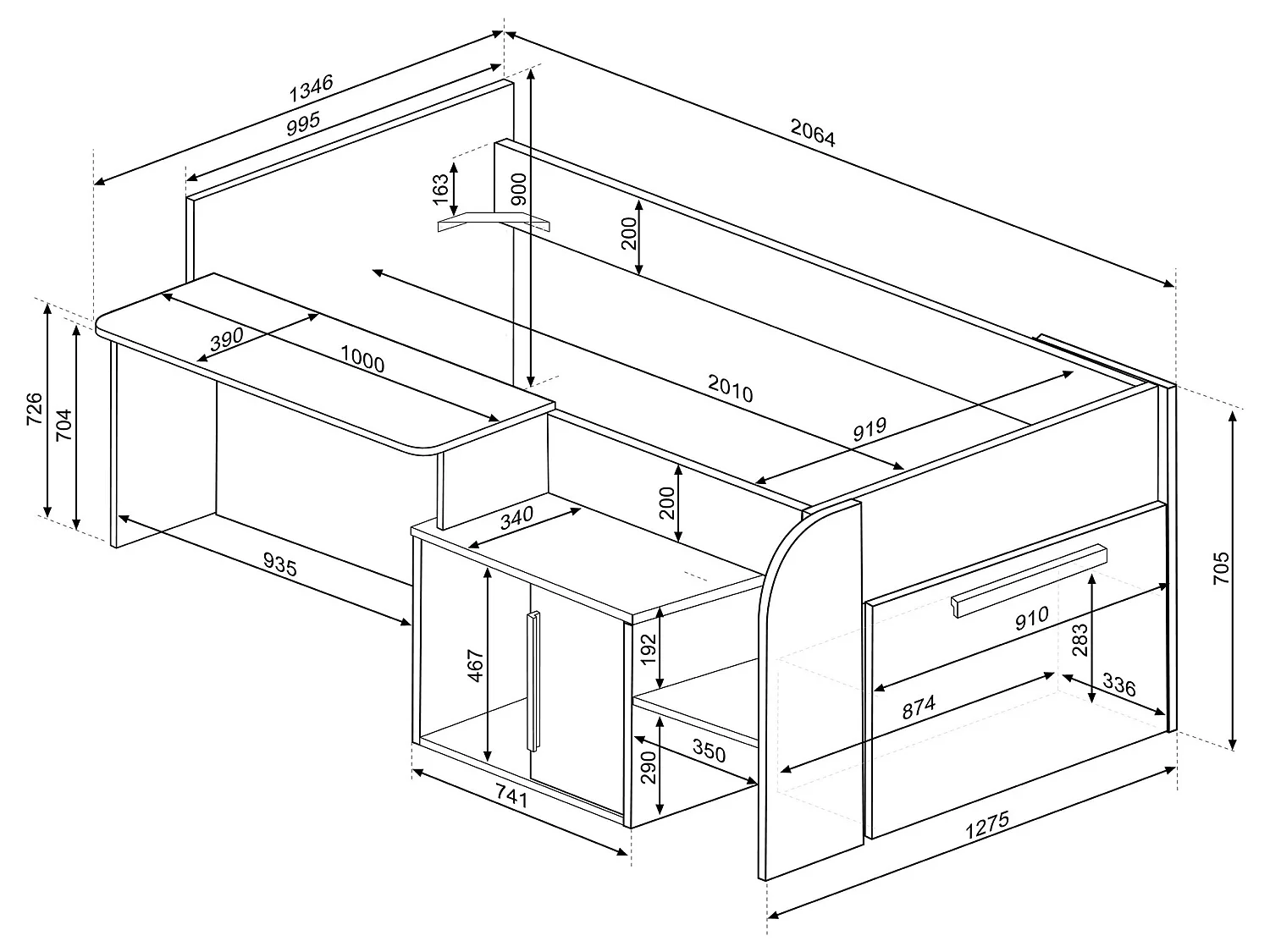 Lit combiné 90 x 200 cm avec bureau et rangements - Coloris : Blanc et naturel + Sommier + Matelas - PEDRO