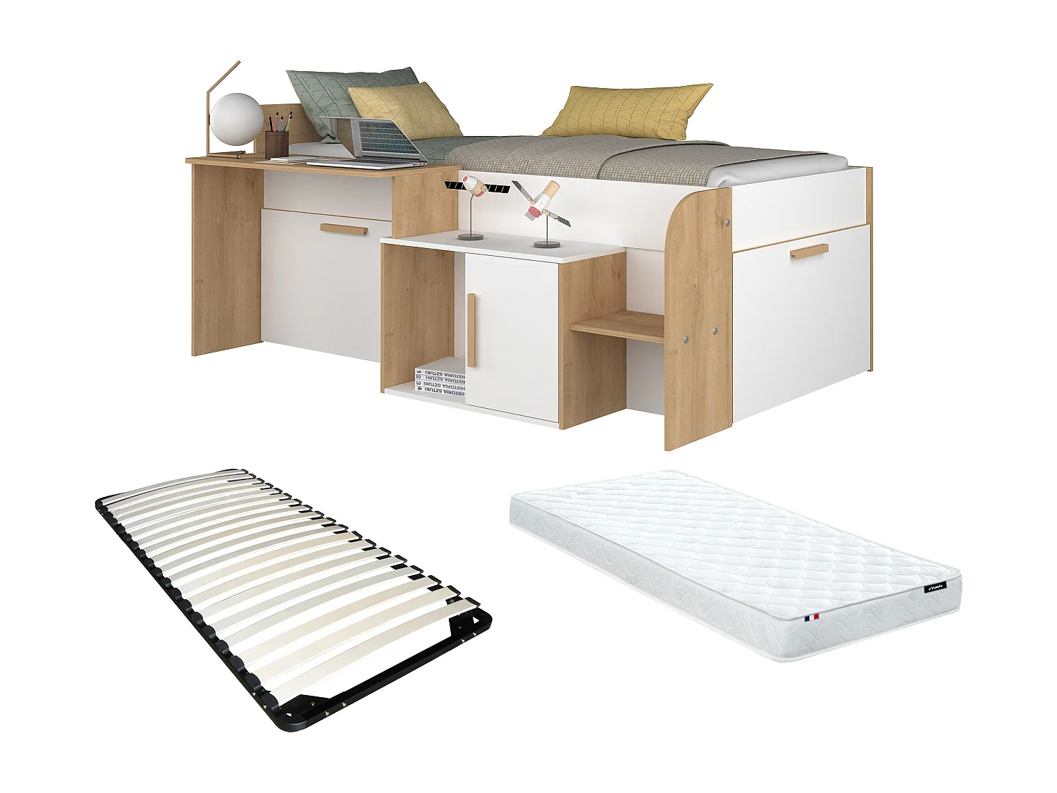 Lit combiné 90 x 200 cm avec bureau et rangements - Coloris : Blanc et naturel + Sommier + Matelas - PEDRO