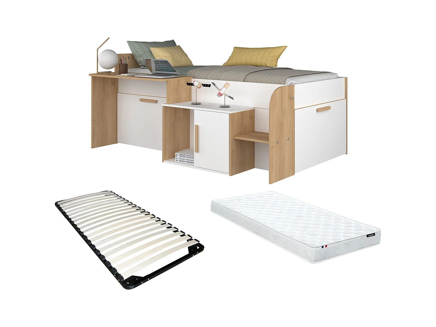 Cama alta 90 x 200 cm con escritorio y almacenamiento - Color: blanco y natural + Somier + Colchón - PEDRO