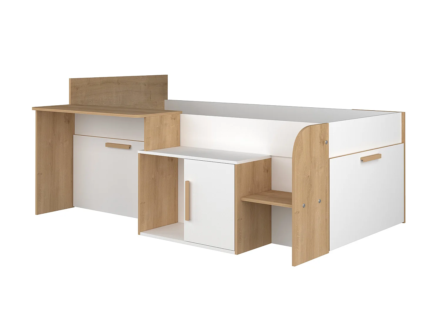 Cama alta 90 x 200 cm con escritorio y almacenamiento - Color: blanco y natural + Somier + Colchón - PEDRO