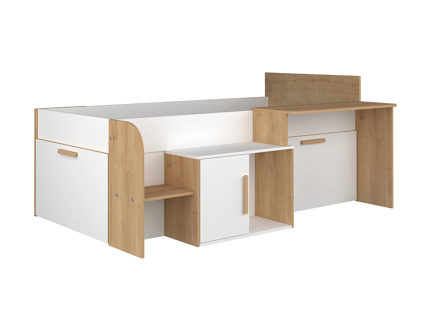 Cama alta 90 x 200 cm con escritorio y almacenamiento - Color: blanco y natural + Somier + Colchón - PEDRO