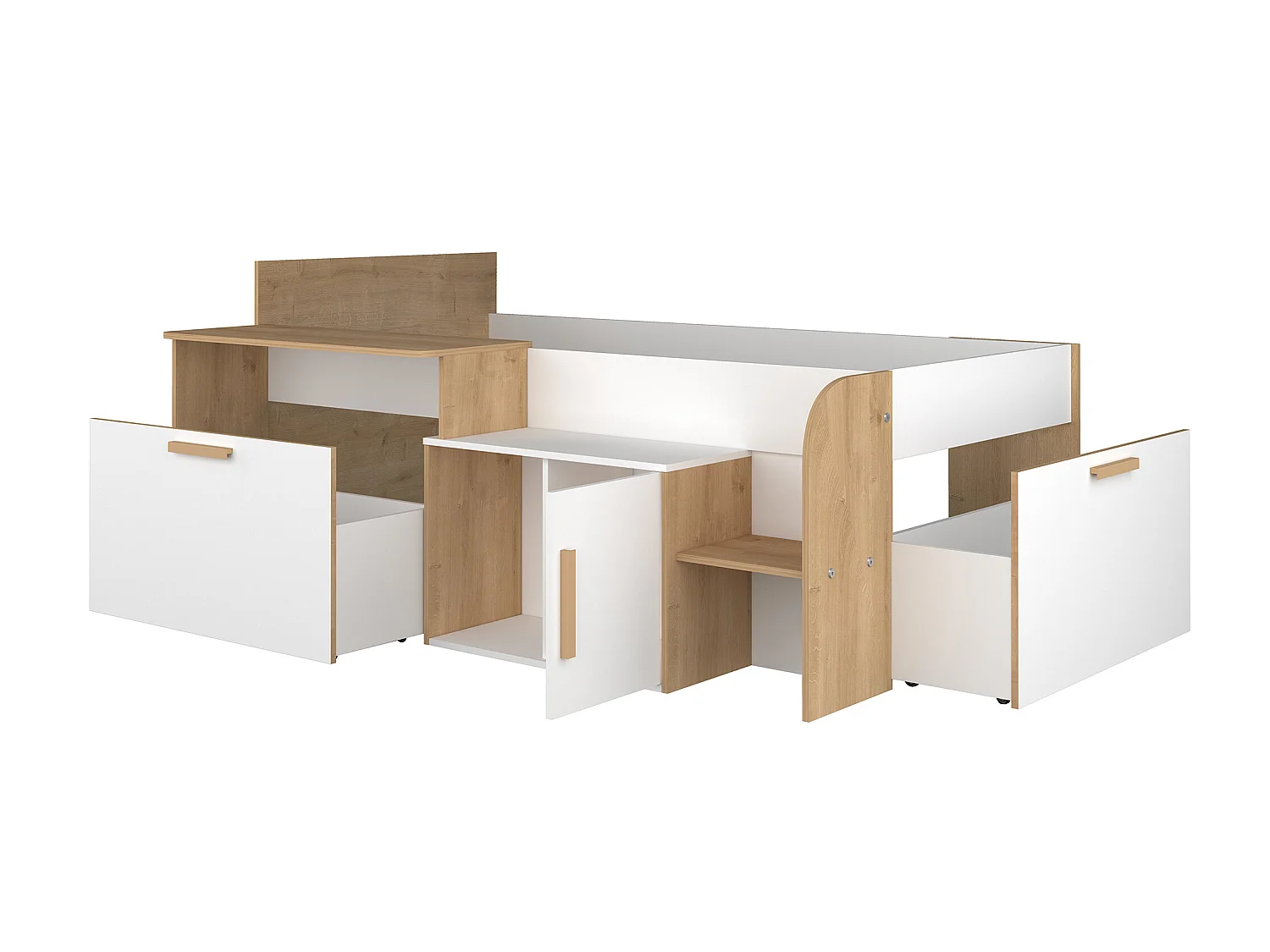 Cama alta 90 x 200 cm con escritorio y almacenamiento - Color: blanco y natural + Somier + Colchón - PEDRO