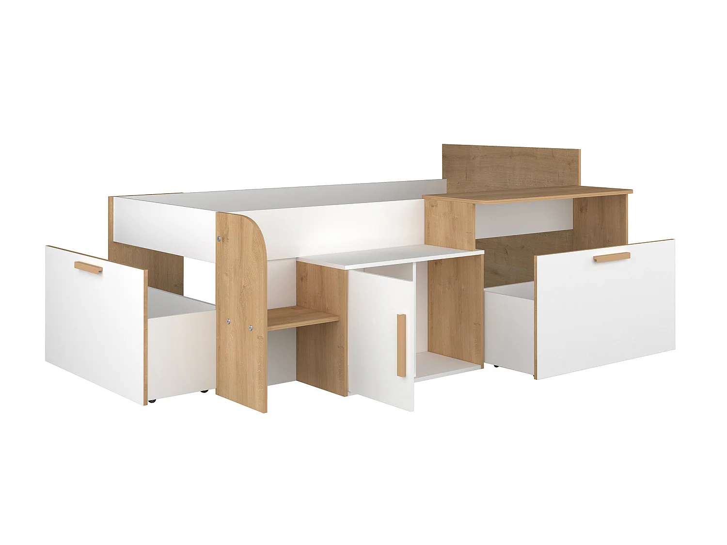 Cama alta 90 x 200 cm con escritorio y almacenamiento - Color: blanco y natural + Somier + Colchón - PEDRO