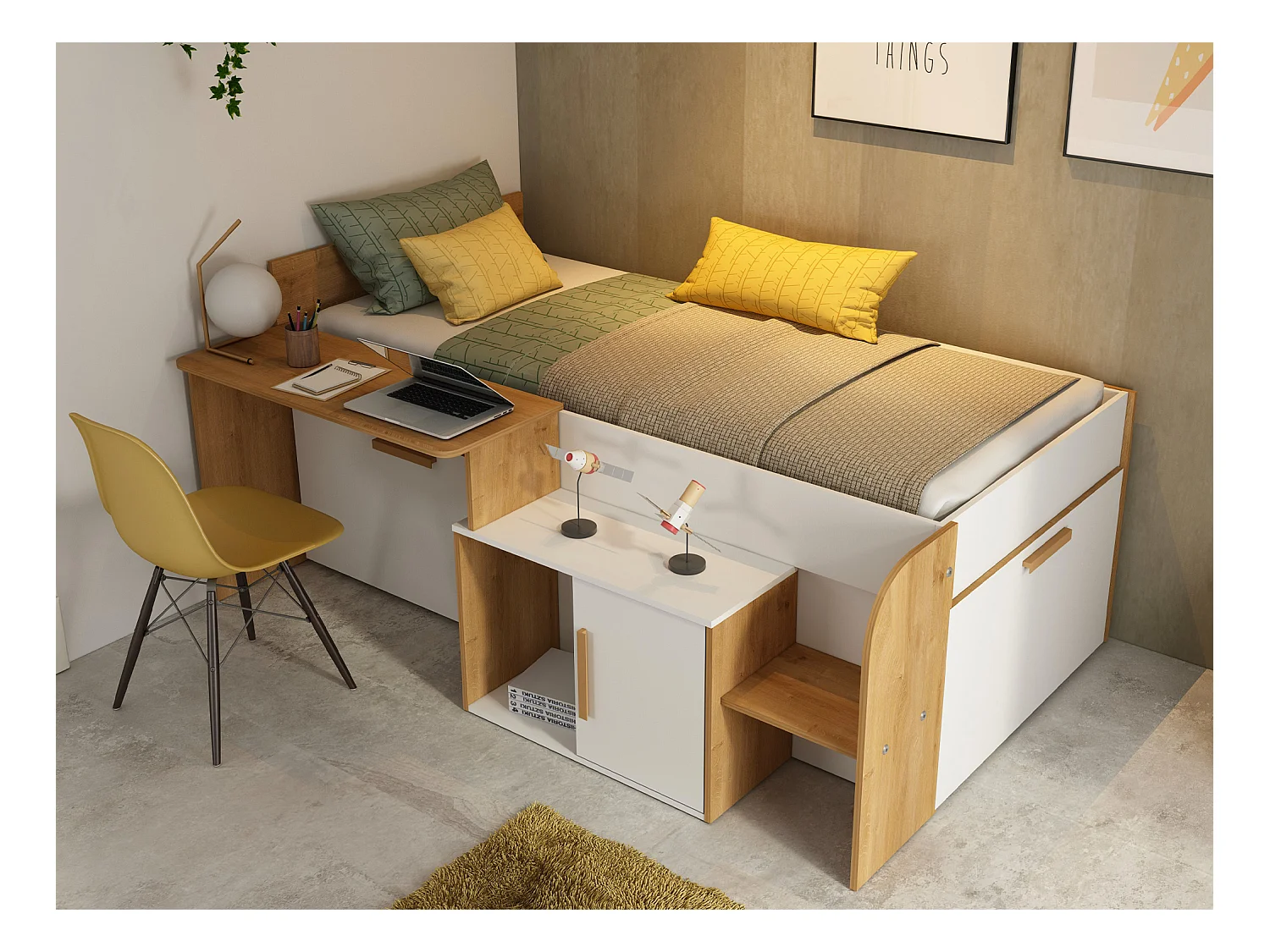 Cama alta 90 x 200 cm con escritorio y almacenamiento - Color: blanco y natural + Somier + Colchón - PEDRO