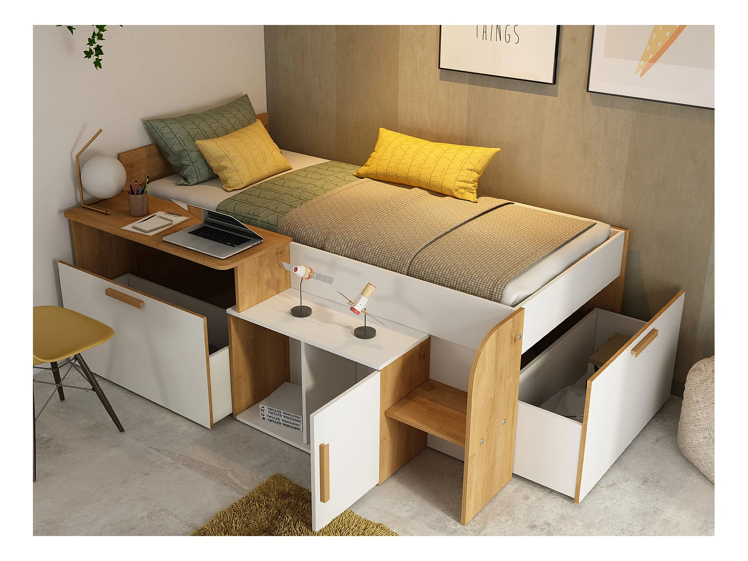 Cama alta 90 x 200 cm con escritorio y almacenamiento - Color: blanco y natural + Somier + Colchón - PEDRO