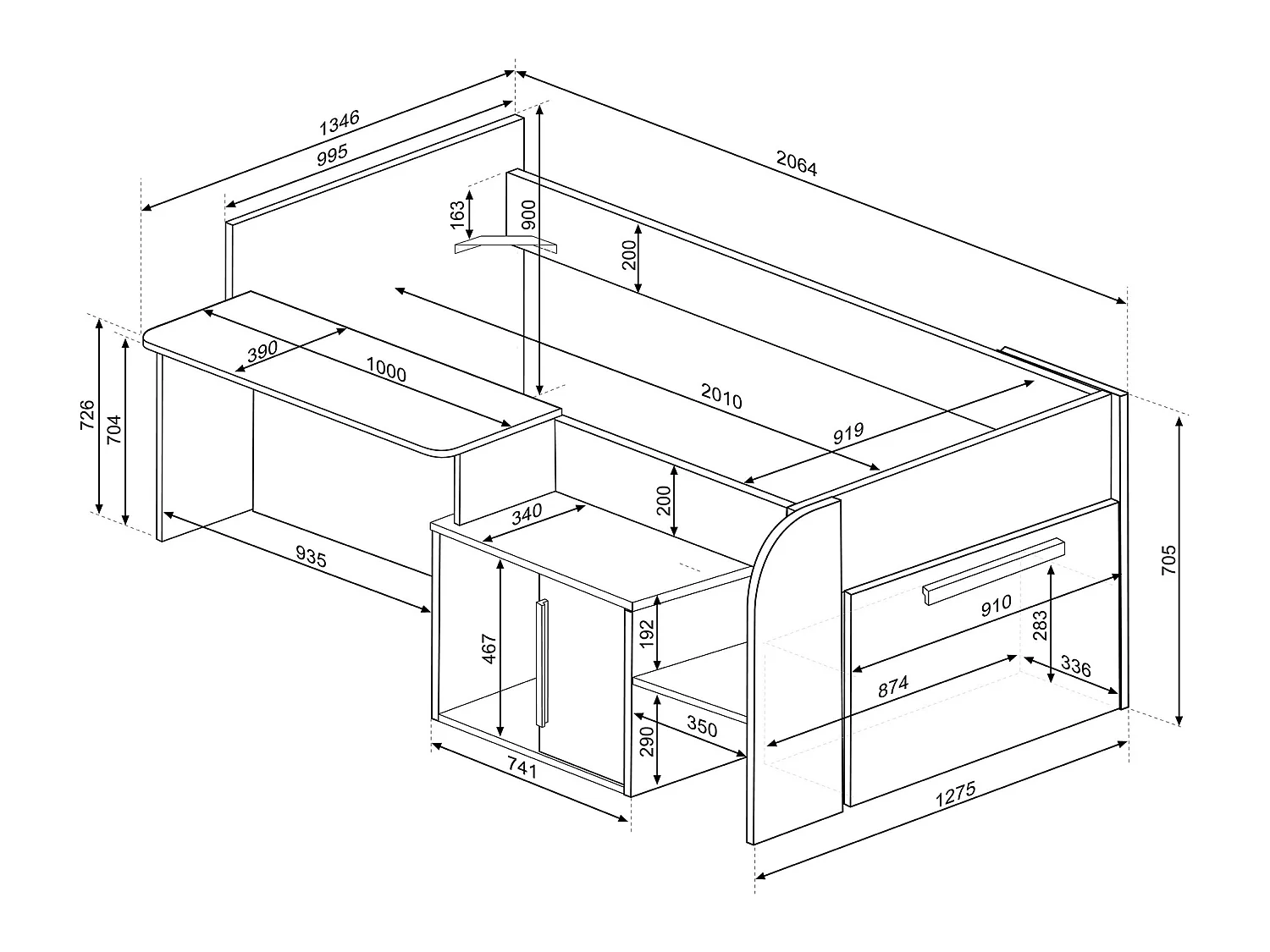 Cama alta 90 x 200 cm con escritorio y almacenamiento - Color: blanco y natural + Somier + Colchón - PEDRO
