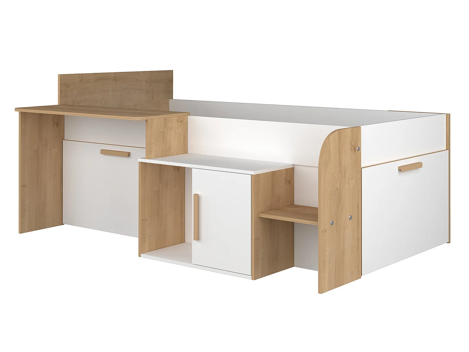 Kombi-Bett 90 x 200 cm - Mit Schreibtisch & Stauraum - Weiß & Holzfarben + Lattenrost + Matratze - PEDRO