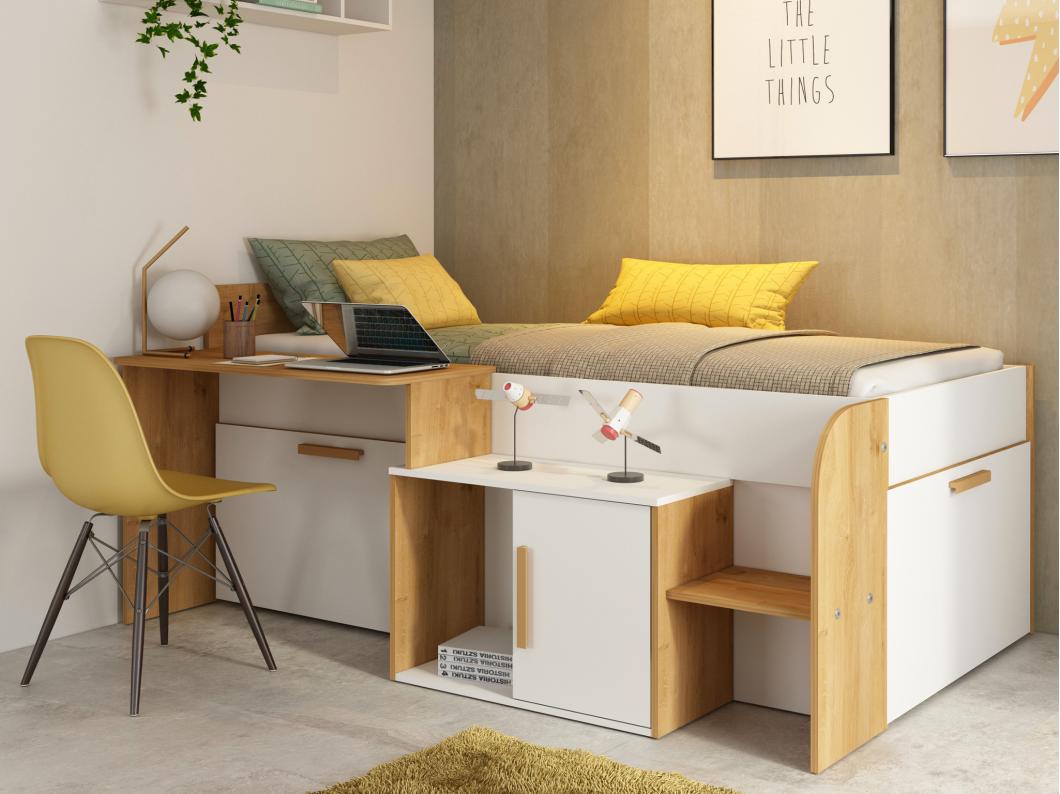 Łóżko piętrowe 90 x 200 cm z biurkiem i schowkami - Biały i naturalny + Stelaż + Materac - PEDRO