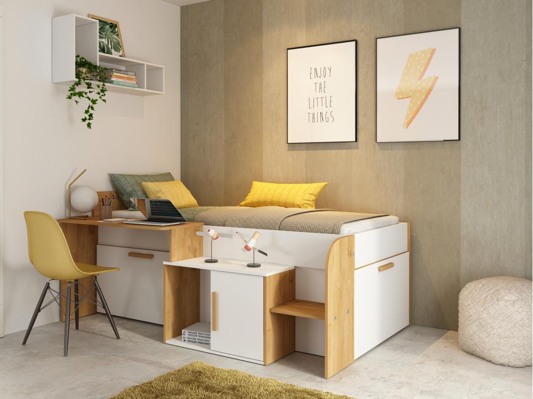 Letto a soppalco 90 x 200 cm con scrivania e ripiani - Colore: Bianco e naturale + Sommier + Materasso - PEDRO