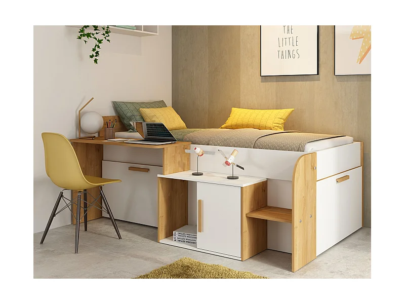 Letto combinato 90 x 200 cm con scrivania e scomparti Bianco e Naturale + Rete - PEDRO