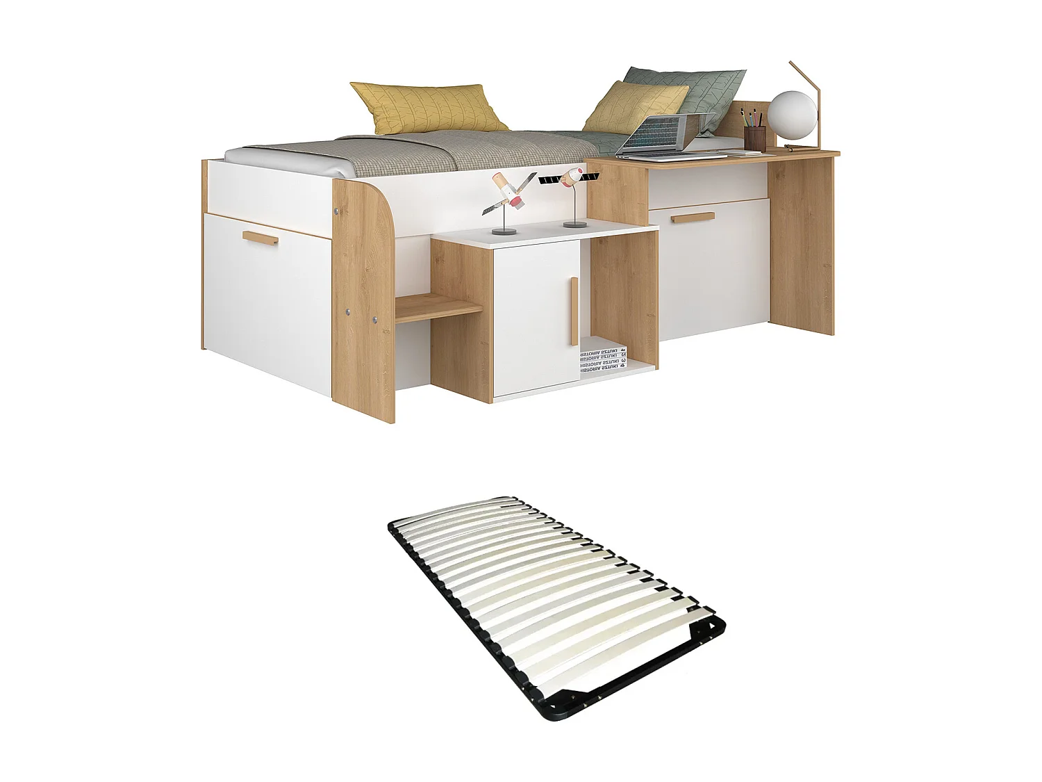 Lit combiné 90 x 200 cm avec bureau et rangements - Coloris : Blanc et naturel + Sommier - PEDRO