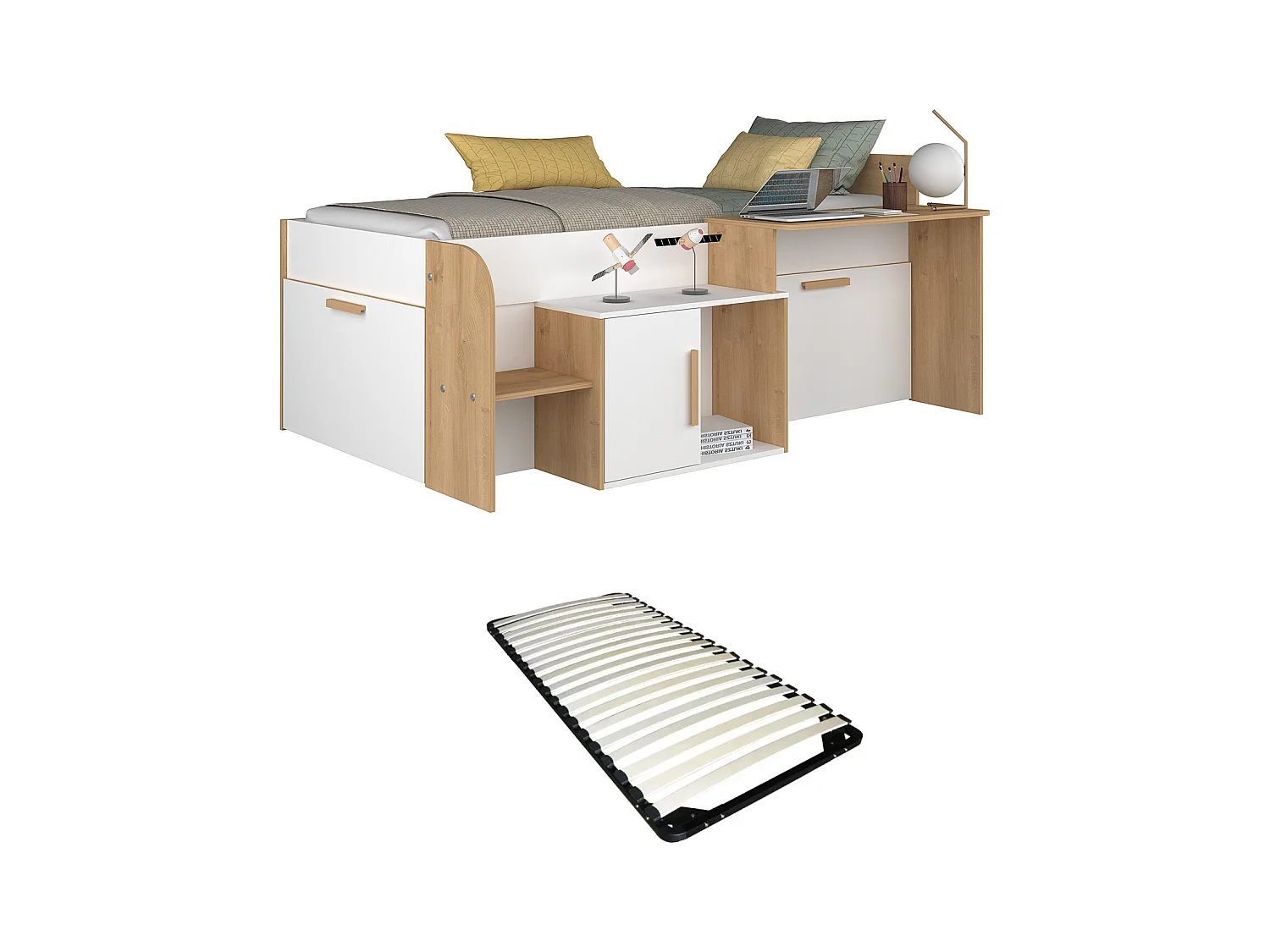 Cama combinada 90x200 cm com secretária e espaços de arrumação cor branco e natural + sommier - PEDRO