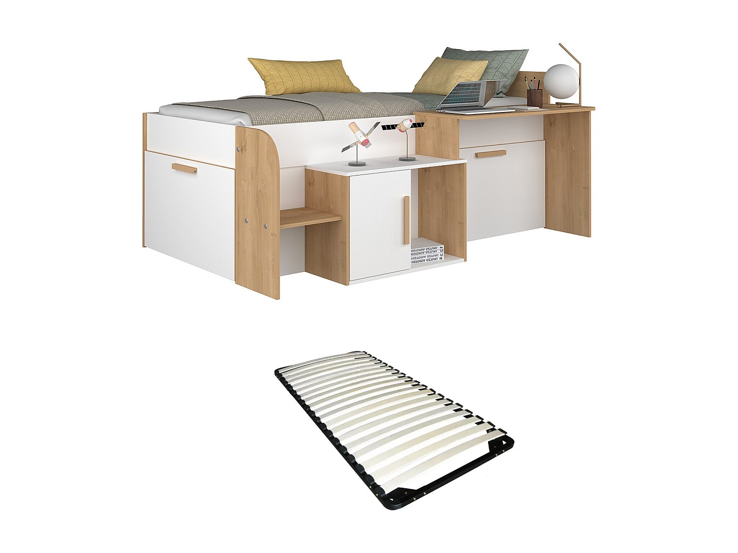 Kombibett 90 x 200 cm mit Schreibtisch und Stauraum - Weiß und Naturfarben günstig online kaufen
