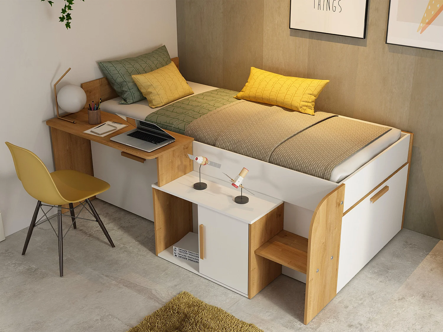 Combinatiebed 90 x 200 cm met bureau en opbergruimte - Kleur: Wit en natuurlijk + Lattenbodem - PEDRO