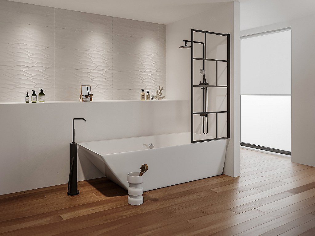 Schwenkbare Duschtrennwand für die Badewanne - Industriestil - 70 x 140 cm - Schwarz matt - Glas - RIVANON