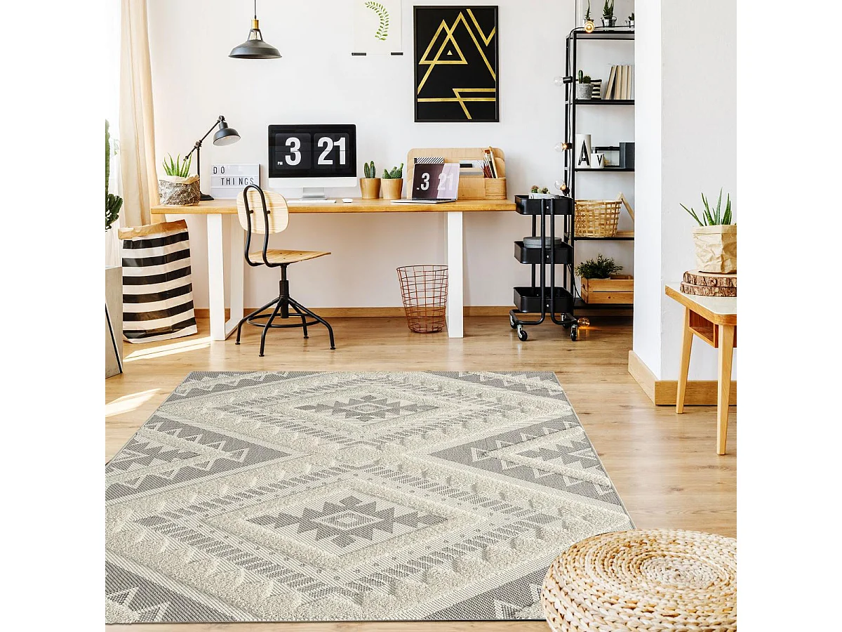 tapis grand salon 200x290 tissé crème rectangle motif ethnique BAIME