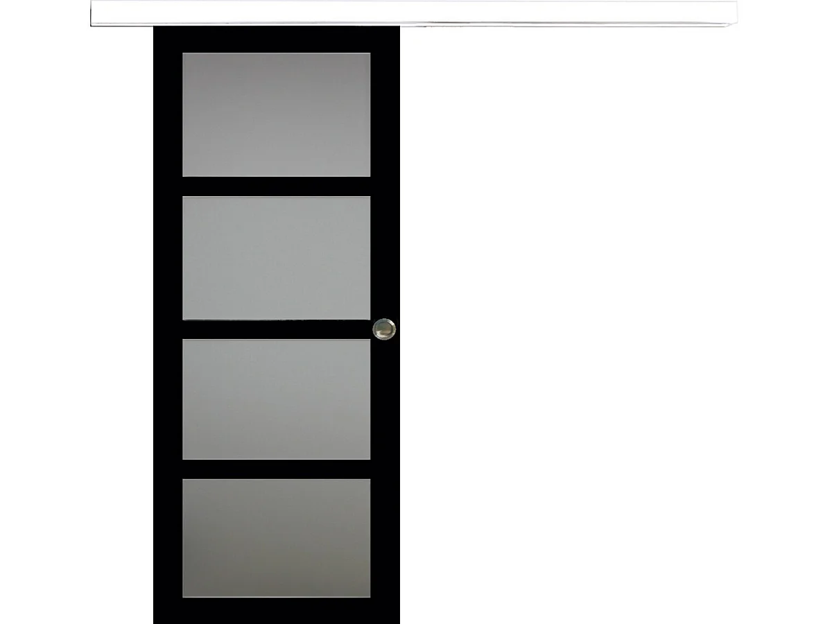 Porte Coulissante Telia Noir Vitree H204 X L73 + Rail Alu Bandeau Blanc Et Coquilles Gd Menuiseries