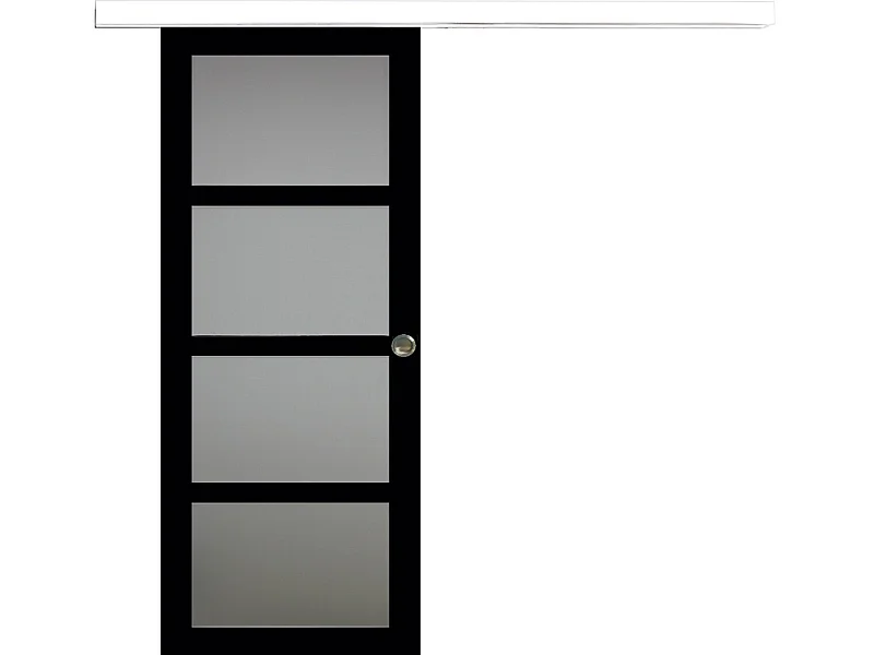 Porte Coulissante Telia Noir Vitree H204 X L73 + Rail Alu Bandeau Blanc Et Coquilles Gd Menuiseries