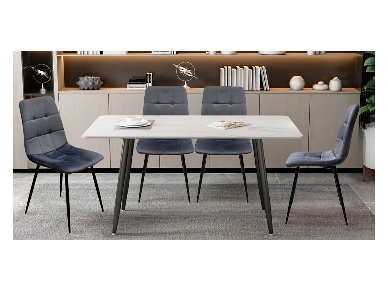 Lot de 4 chaises tapissées en velours, Structure en métal, Dossier et base confortables et rembourrés.