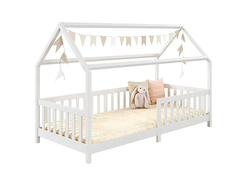 Lit cabane NINA lit enfant simple montessori en bois 90 x 190 cm, en pin massif lasuré blanc