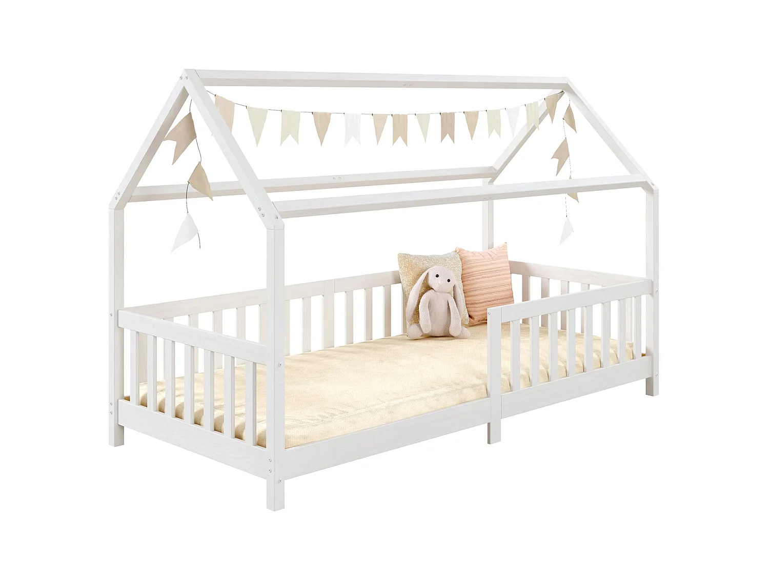 Lit cabane NINA lit enfant simple montessori en bois 90 x 190 cm, en pin massif lasuré blanc