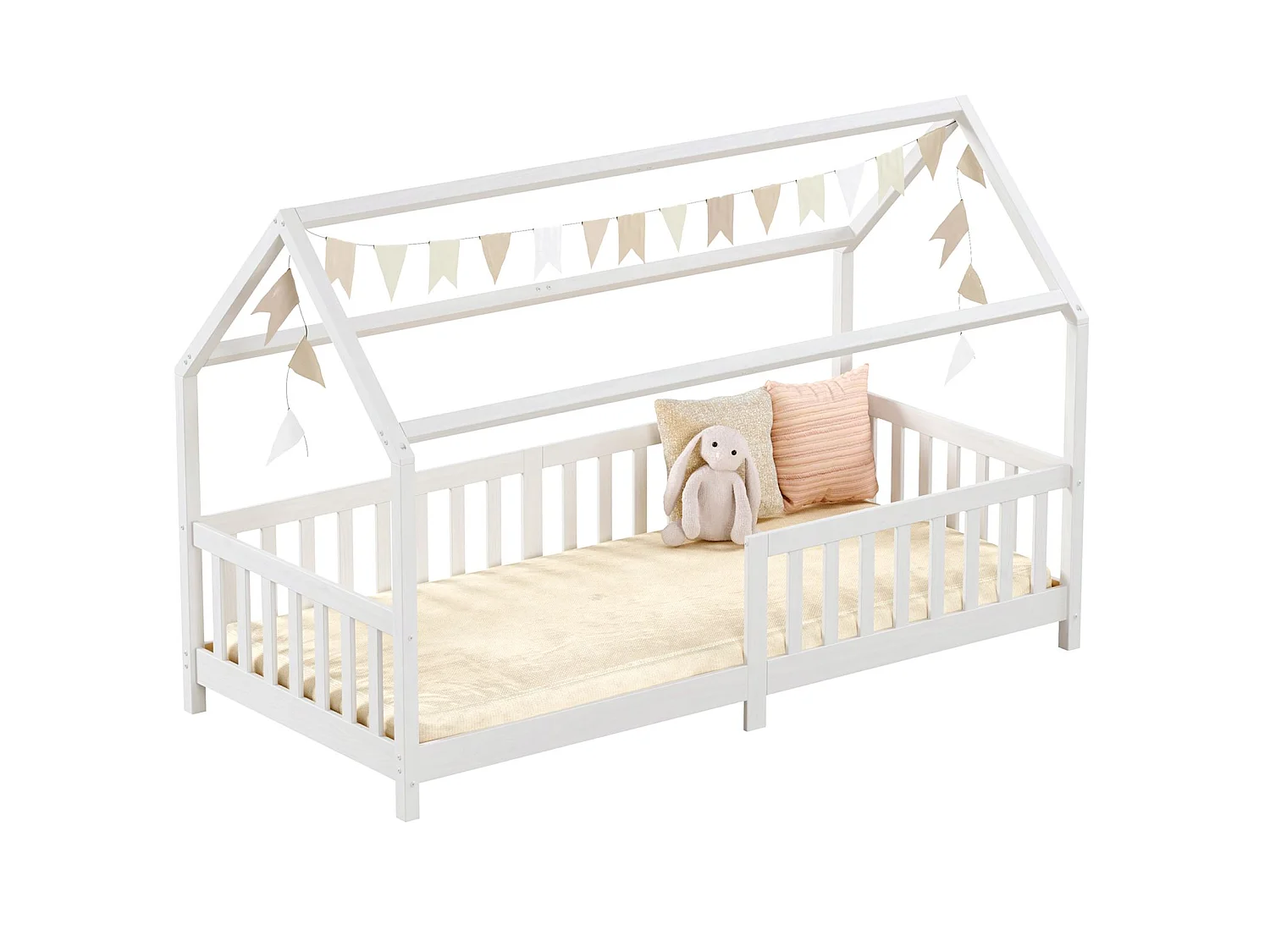 Lit cabane NINA lit enfant simple montessori en bois 90 x 190 cm, en pin massif lasuré blanc