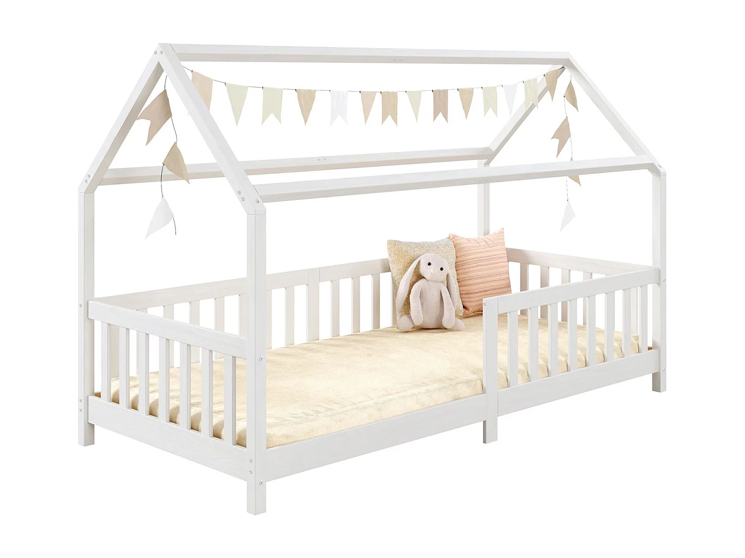 Lit cabane NINA lit enfant simple montessori en bois 90 x 190 cm, en pin massif lasuré blanc