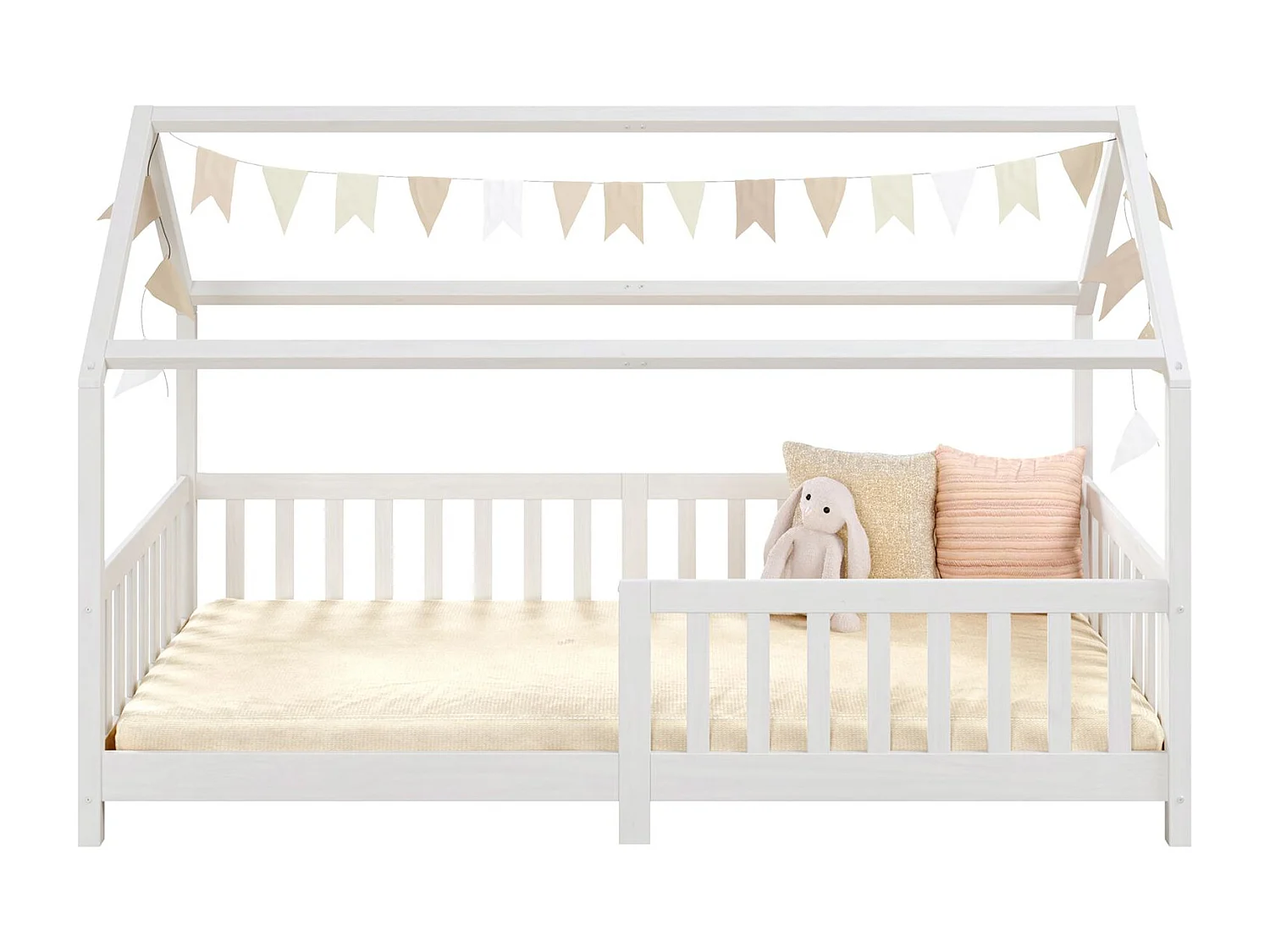 Lit cabane NINA lit enfant simple montessori en bois 90 x 190 cm, en pin massif lasuré blanc