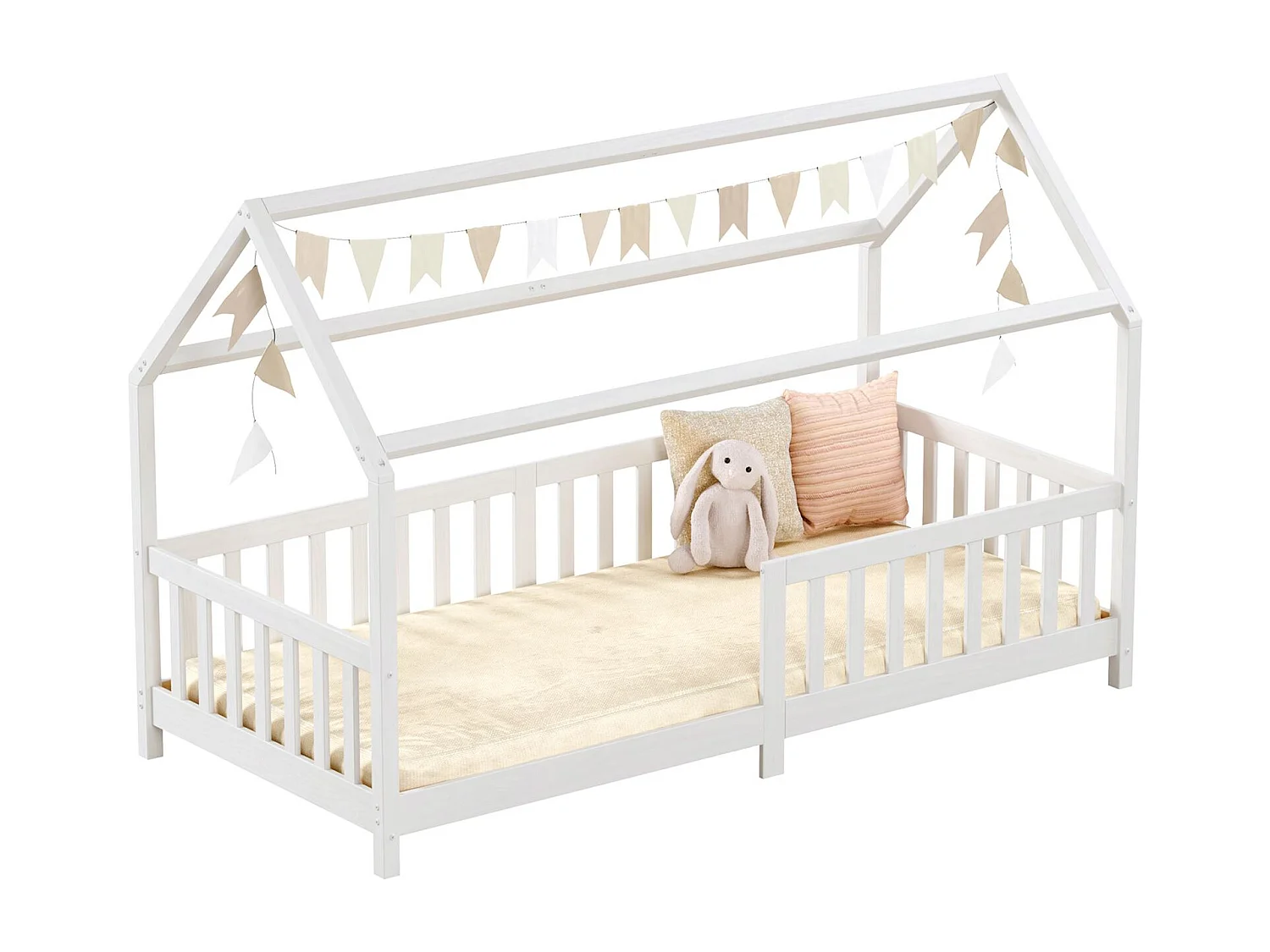 Lit cabane NINA lit enfant simple montessori en bois 90 x 190 cm, en pin massif lasuré blanc
