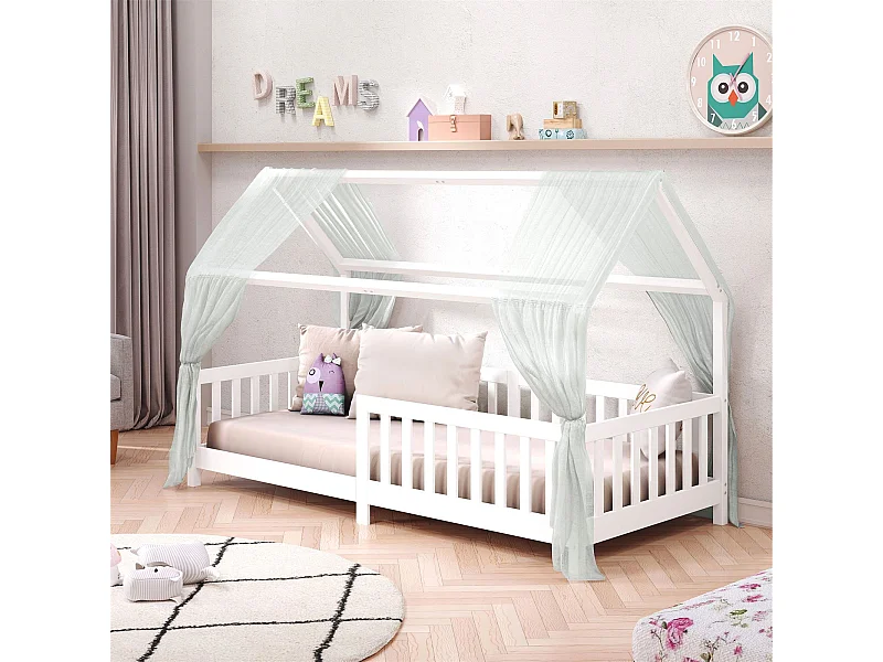 Lit cabane NINA lit enfant simple montessori en bois 90 x 190 cm, en pin massif lasuré blanc