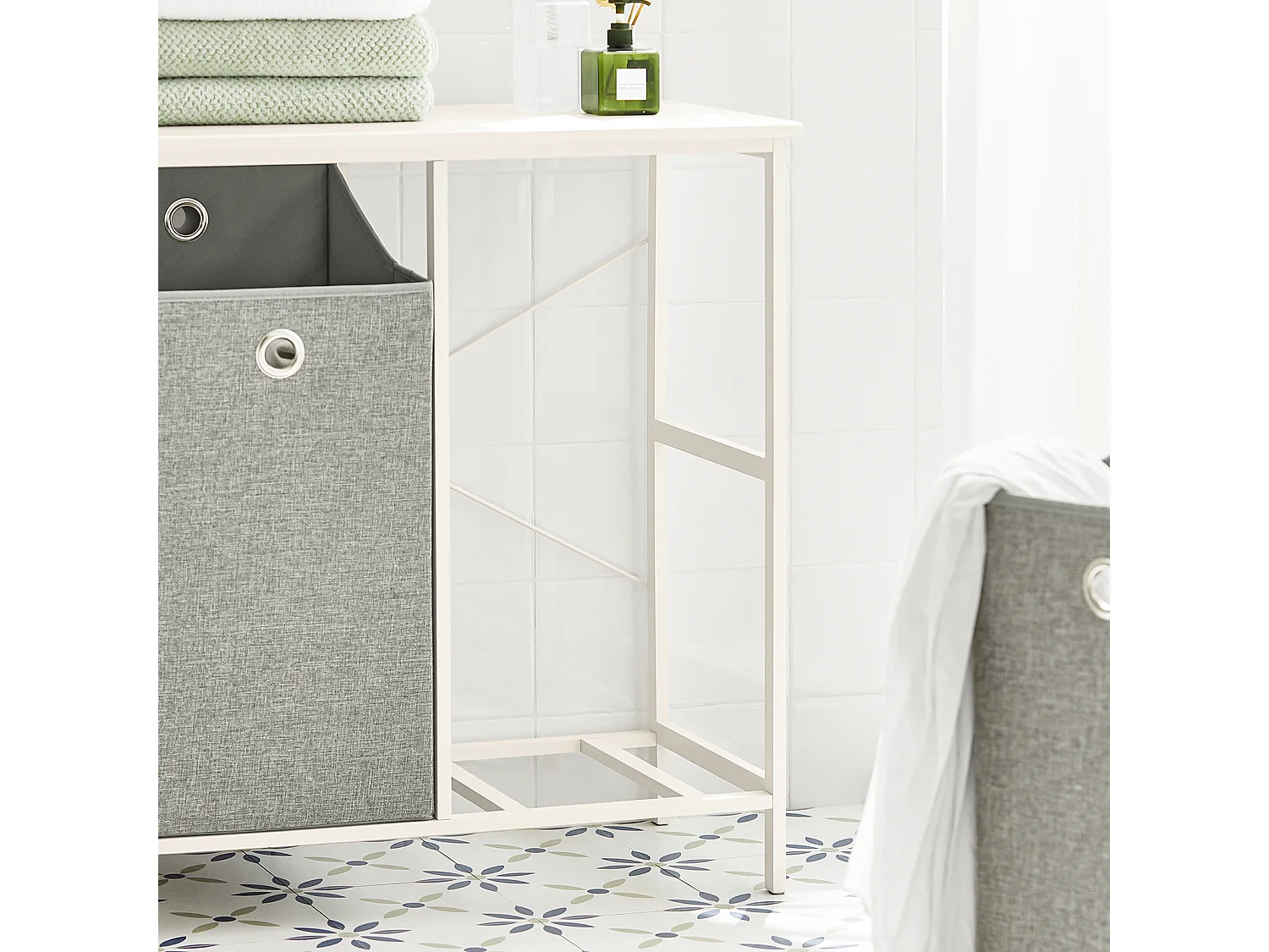 SoBuy BZR57-W Wasmand - Wassorteerder - Waskast voor Wasgoed in de Badkamer - met Legplank - 2 Compartimenten - 2 Verwijderbare Waszakken