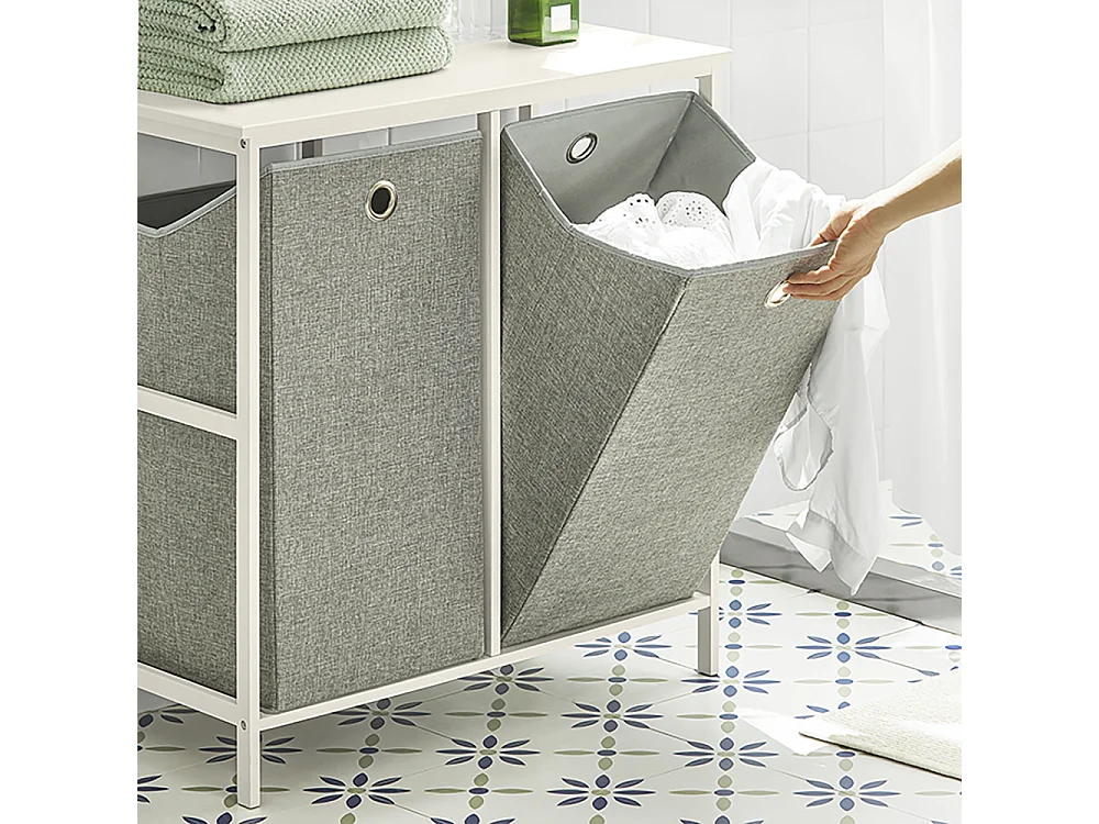 SoBuy BZR57-W Wasmand - Wassorteerder - Waskast voor Wasgoed in de Badkamer - met Legplank - 2 Compartimenten - 2 Verwijderbare Waszakken