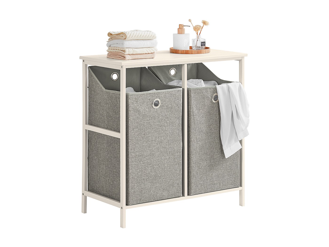 SoBuy Badkameropbergkast met 2 Vouwbare Wasmanden, Smalle Badkamerkast met Geparfumeerde Bamboeplanken en MDF Bovenblad – Compacte Maat 77x38x80 cm Ideaal voor Kleine Badkamers BZR57-W