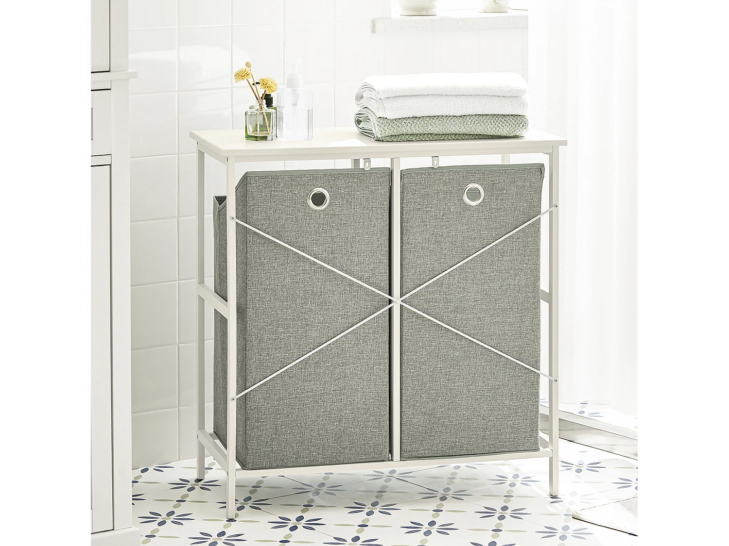 Panier À Linge Sur Pied, Corbeille À Linge 2 Compartiments Et 2 Sacs À Linge Amovibles, BZr57-w