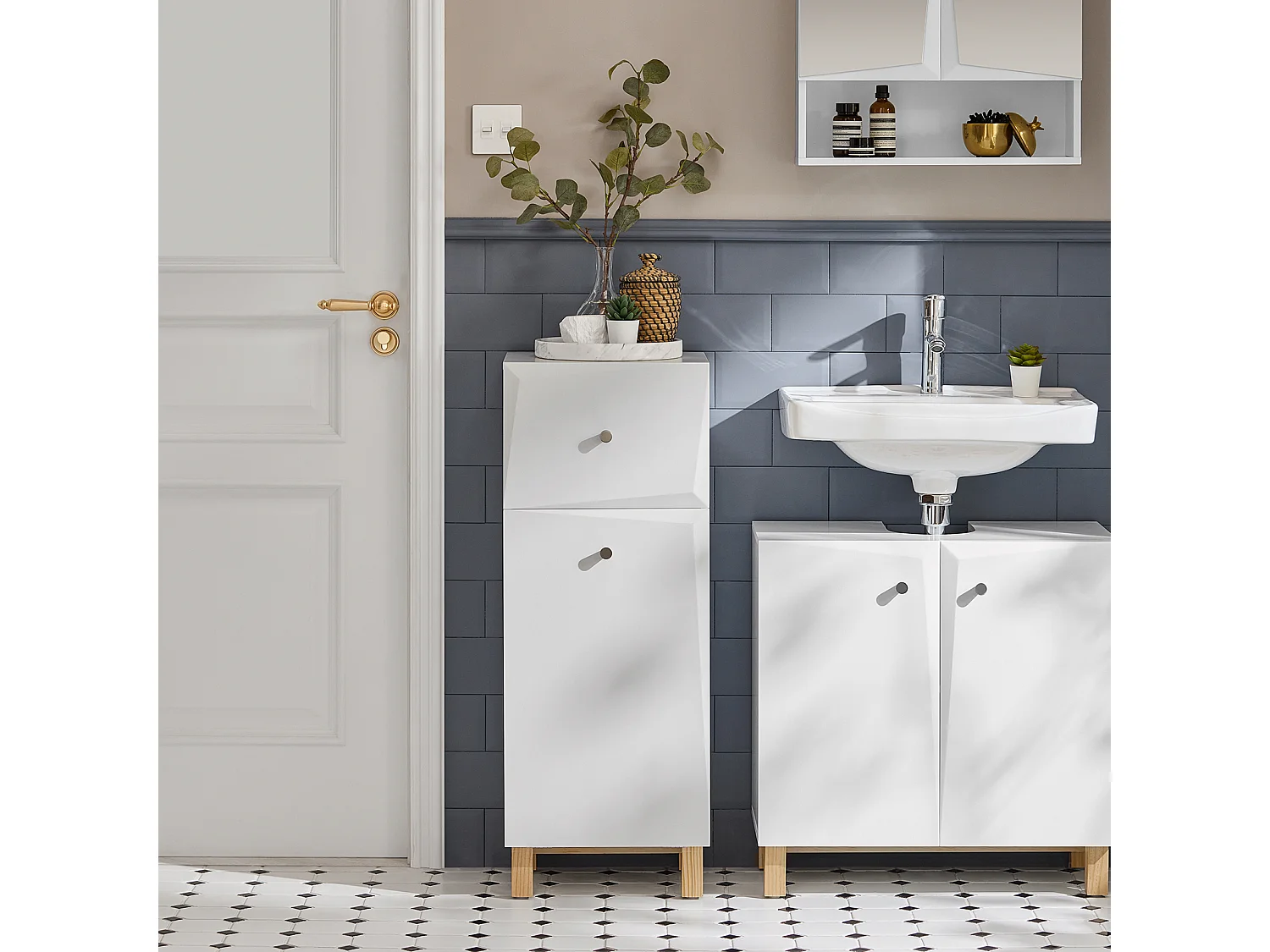 Armoire À Linge, Corbeille À Linge Avec 1 Tiroir Et 1 Panier À Linge Amovible, Blanc, BZr93-w