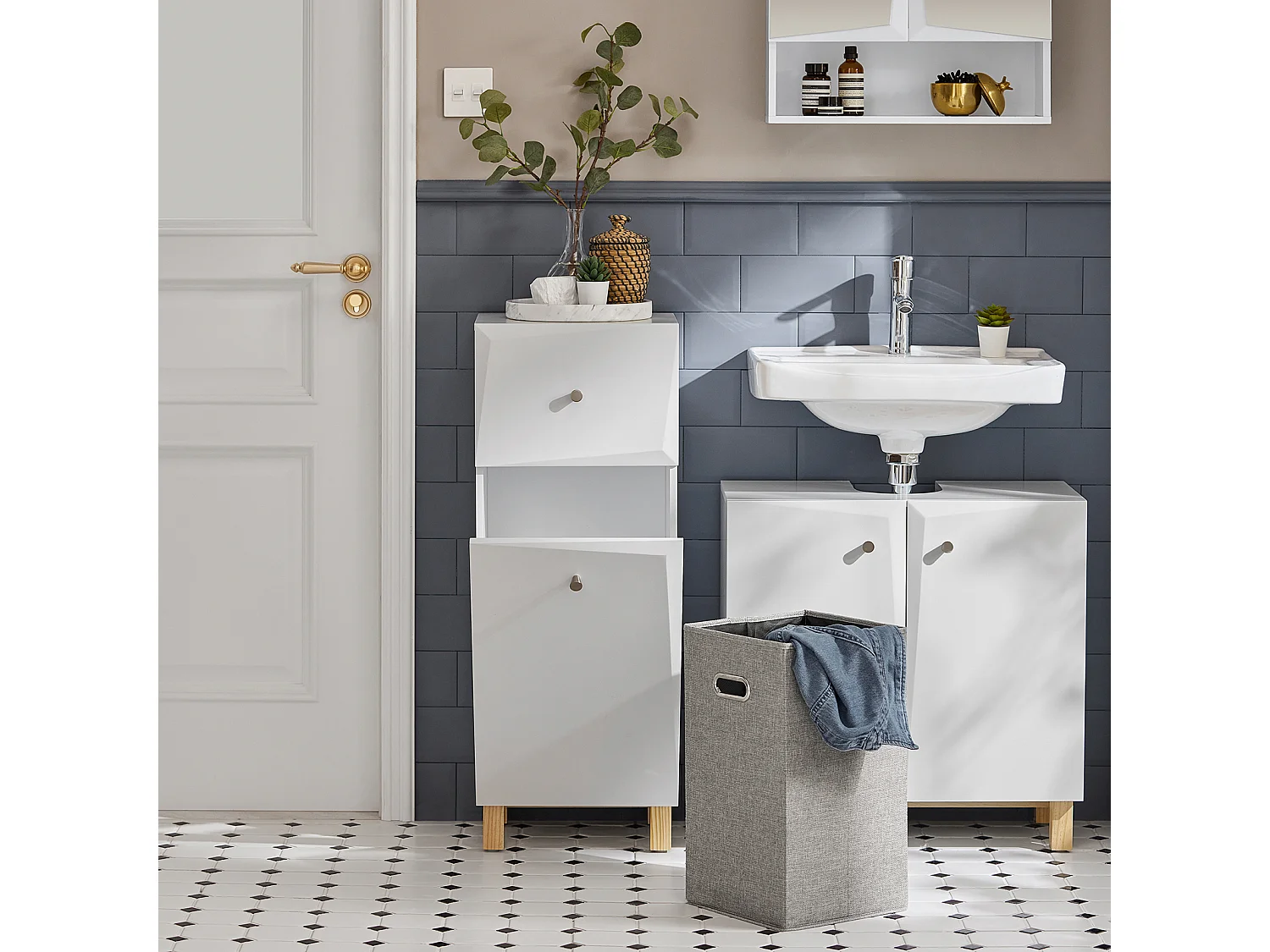 Armoire À Linge, Corbeille À Linge Avec 1 Tiroir Et 1 Panier À Linge Amovible, Blanc, BZr93-w