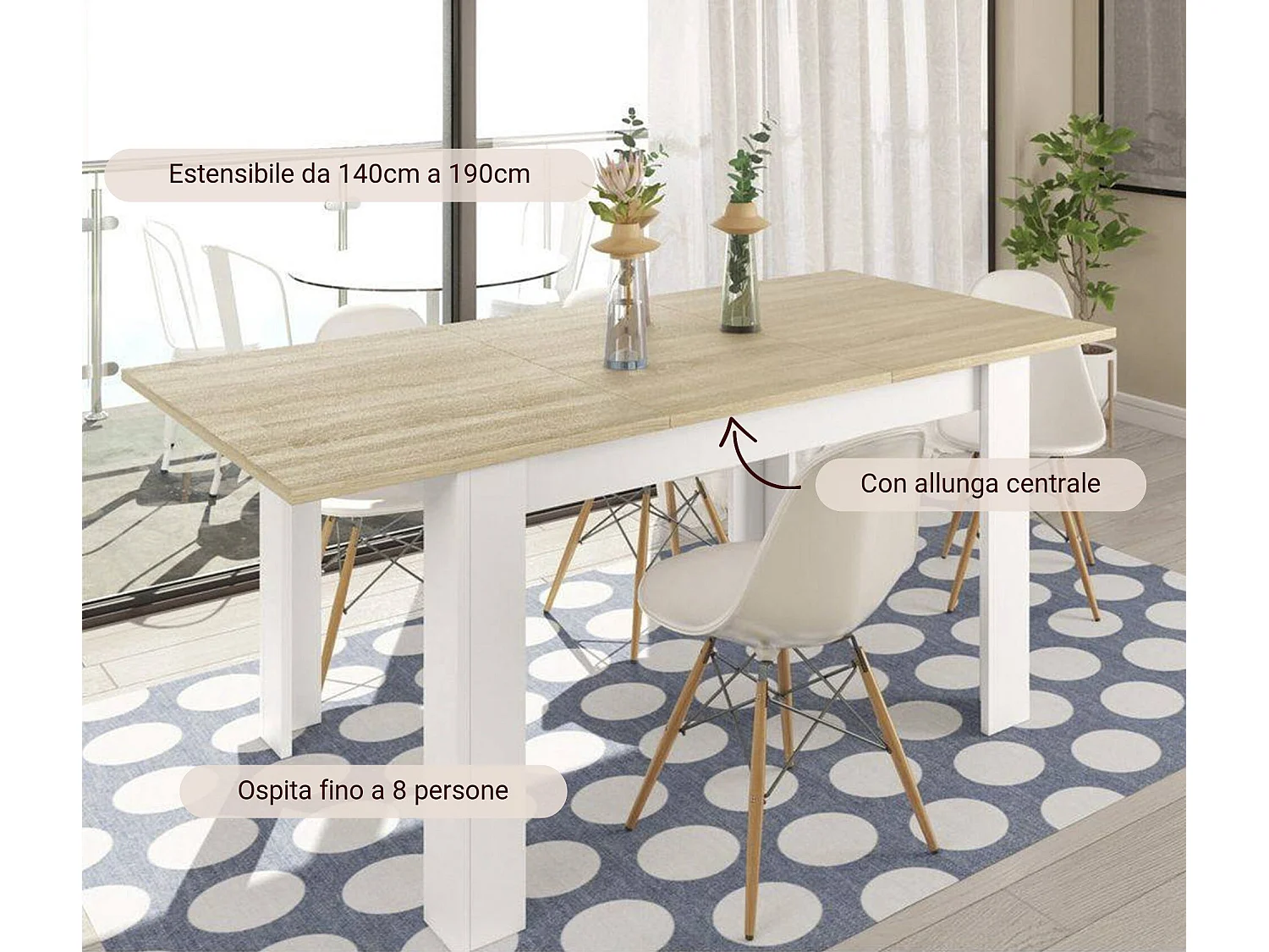 Dalice uitschuifbare tafel, Uitschuifbare console voor eetkamer, Opengaande keukentafel met verlengstuk, 140/190x90h78 cm, Eiken en Wit